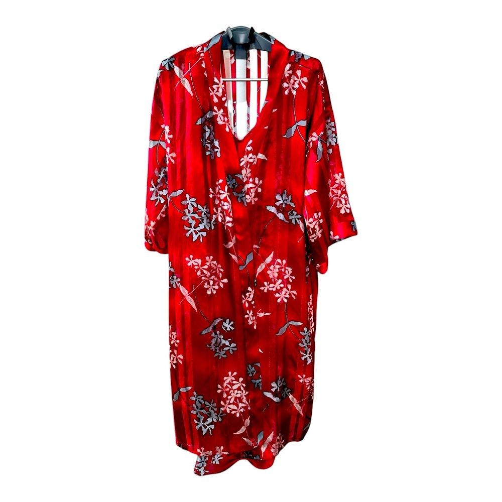 VTG Inner Most Kimono Style Red Floral Satin Robe & Nightgown Set Women’s Medium